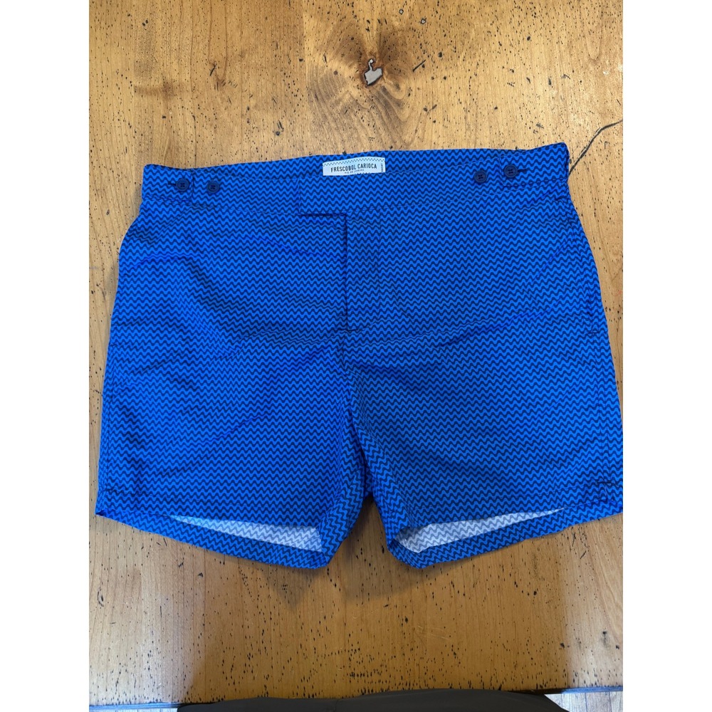 Frescobol Carioca Swim Trunks Size 34 Blue Wavy Pattern Side Adjuster Shorts